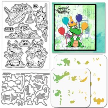 Imagem de GLOBLELAND Carimbos transparentes de dragões de desenho animado, moldes de corte, estênceis de pintura de PET para fazer cartões, animais de desenho animado, carimbo de silicone, cumprimentos, cortes