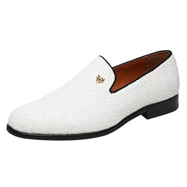 Imagem de ELANROMAN Sapato masculino brilhante feito à mão para festa de negócios, casamento, formatura, Branco, 39