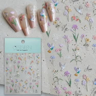 Imagem de CESTSIREN Adesivos de unhas de flor de beija-flor, decalques de íris, design de arte floral, acessórios autoadesivos para mulheres, suprimentos estéticos
