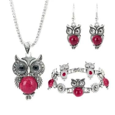 Imagem de kit Colar brinco pulseira Coruja Pedra Strass Diamante Rosa - anjo da 