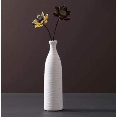 Imagem de Vaso de cerâmica branca – Vaso decorativo moderno com nervuras de 25 cm para grama dos pampas, mesa, estante, cornija e decoração de casa de entrada