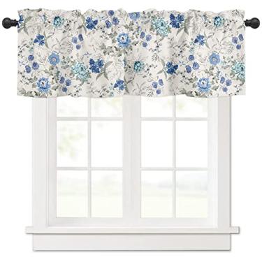 Imagem de Cortina floral azul primavera verão sanefa para janela de cozinha, casa de fazenda, cinza, branco, francês, campo, sanefa com bolso para varão, tratamentos, 1 painel, cortinas curtas 106 x 30 cm para
