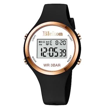 Imagem de Blekon Relógio digital feminino Orginal para esportes ao ar livre – Relógio digital feminino com luzes LED despertador/cronômetro/exibição de data e mês, relógio digital feminino 3 ATM, resistente à água, Preto, Relógio digital esportivo para ambientes externos