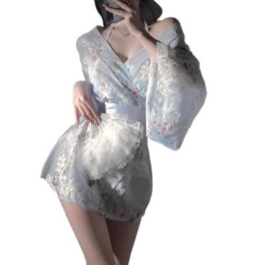 Imagem de SENJIY sexy kimono for women lingerie robe costume cosplay Perspective Cute open front Deep V-Neck Floral Pattern short dress Mini Bikini japanese Yukata Anime suit Sleepwear Pajamas outfit set blue