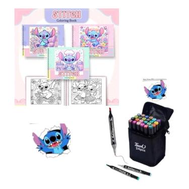 Imagem de Kit Livro De Colorir Stitch Capa Dura + Canetinhas Coloridas Touch Marca Texto De 24 Cores, Ponta Dupla - Ideal para traços finos e áreas grandes (Livro Colorir + 24 Canetas)