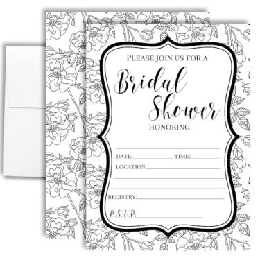 Imagem de Convites para chá de panela floral preto e branco - 20 cartões monocromáticos elegantes 5x7 com envelopes brancos - Convites de chá de panela por AmandaCreation