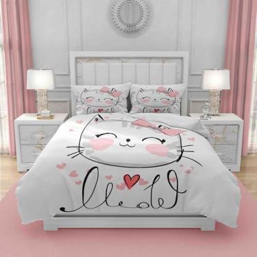 Imagem de Azppsad Conjunto de capa de edredom tamanho Queen, gato fofo rosa para meninas, conjunto de edredom de 3 peças com fecho de zíper, capa de edredom de tecido de microfibra para decoração de casa com 2