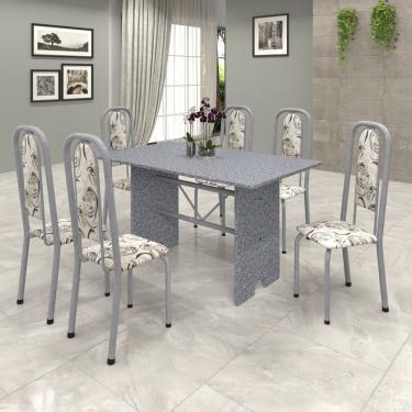 Imagem de Conjunto De Mesa 140X75Cm Tampo Granito Com 6 Cadeiras Lavínea Soma Móveis Martelado Pérola/Ocre/Arabesco