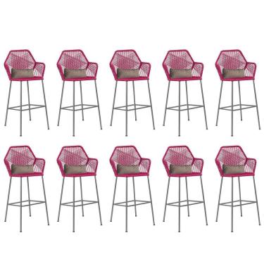Imagem de Kit 10 Banqueta Alta Com Encosto Balcão Ferro Prata Fibra Pink Almofada Corino Bege