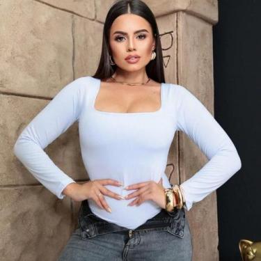 Imagem de Blusa Body Feminino Decote Quadrado Manga Longa Suplex Liso - rv modas