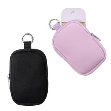 Imagem de uekeboag 2 peças pequena bolsa macia de neoprene com zíper, mini bolsa de maquiagem portátil, acessório de moda com gancho de pressão, bolsa de moedas, batom, organizador de viagem cosmético, Preto e