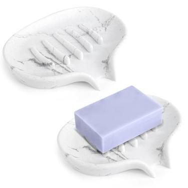 Imagem de AUGFRYZIAN 2 Saboneteiras Com Dreno - Suporte De Barra Autodrenante Para Chuveiro, Bandeja Aparência Mármore, Esponja Cozinha, Banheiro, Pia Banheira, Branco