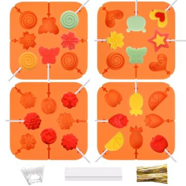 Imagem de Bettoor Forma de pirulito, 4 peças de moldes de silicone para pirulito, molde 3D para chocolate, kit de moldes para fazer pirulitos, doces duros com 100 palitos, 100 sacos, 100 laços (laranja)