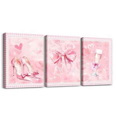 Imagem de Erosebridal Conjunto de 3 arte de parede em tela com laço de fita rosa, rosa rosa, imagens florais, decoração de parede para quarto de meninas, crianças, mulheres, laços, laço de coquete, pôsteres de