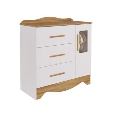 Imagem de Cômoda de Bebê 3 Gavetas Moveis Peroba Harmonia com Vidro, Branco e Am
