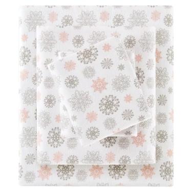 Imagem de True North by Sleep Philosophy Lençol de flanela aconchegante 100% algodão - estampa de animais estrelas, lindo jogo de cama ultramacio para clima frio, Queen, rosa e cinza flocos de neve