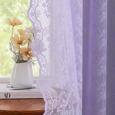 Imagem de Cortinas de cozinha roxas claras 137 cm de comprimento 2 painéis para janela pequena painéis florais bonitos de renda transparente com borda recortada para quarto, banheiro, bolso de varão, filtro de