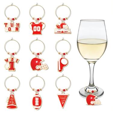 Imagem de FAERLIIRY Conjunto de 9 pingentes de taça de vinho de futebol americano, conjunto de 9 pingentes de vinho para dia de jogo, marcadores de copos a vapor, marcadores de identificadores de bebidas para