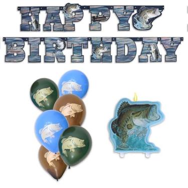 Imagem de Havercamp Decoração de festa de aniversário Gone Fishin' Birthday; o kit inclui 1 faixa de feliz aniversário, 1 vela de topo de bolo, 12 adereços de foto divertidos e 6 balões de látex