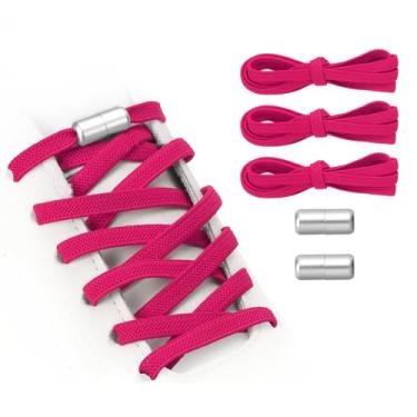 Imagem de YELARXI Cadarços elásticos sem laço com 2 fivelas de metal para adultos, tênis de lona, Rosa vermelha, prata, 39 inch