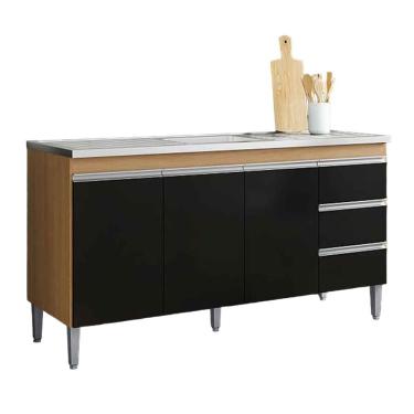 Imagem de Balcão De Pia Sem Tampo 160 Cm 3 Portas 3 Gavetas Adriana Amêndoa/preto