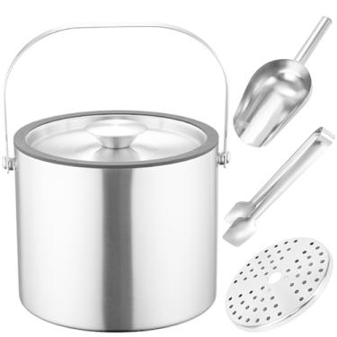 Imagem de Balde de gelo isolado de parede dupla 3L com tampa, pá de gelo, pinças e filtro, banheira de gelo de aço inoxidável com tampa selada de silicone para vinho, baldes de gelo para festas, refrigerador de