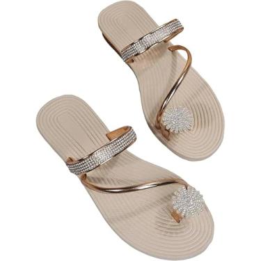 Imagem de Sandálias femininas rasteiras com strass e glitter para atividades ao ar livre, sandálias deslizantes com argola no dedo do pé, chinelos corretores de joanete clipe no dedo do pé(Gold,40 EU)