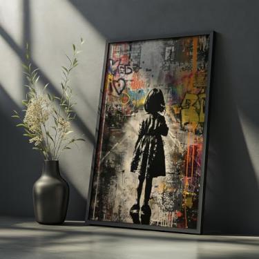 Imagem de Quadro Decorativo Menina Grafite Com Moldura Arte Urbana Criança Colorida Reflexiva Moderna Estilo Banksy Parede Criativa