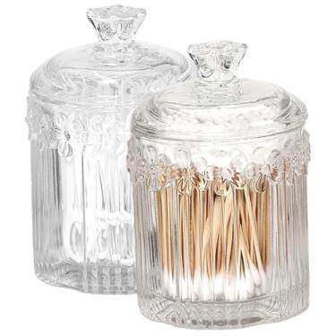 Imagem de 2 peças de porta-cotonetes, dispensador de cotonete de algodão de vidro transparente com tampa, recipiente de armazenamento de maquiagem para cozinha, banheiro, dispensador de penteadeira