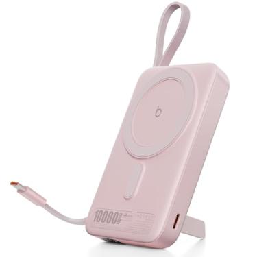 Imagem de Basike Carregador Portátil Indução, Power Bank 10000mAh com Suporte Integrado, Ultrafino e Portátil, Carregamento Rápido Sem Fio 15W(MAX) + Cabo Tipo C 22.5W(MAX) Compatível com MagSafe (Rosa)