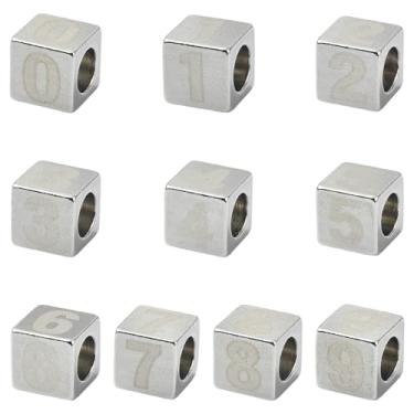 Imagem de UR URLIFEHALL 20 peças, números aleatórios 0-9, contas europeias de aço inoxidável, formato de cubo de 8 mm, espaçador de orifício grande para pulseira faça você mesmo, colar, fabricação de joias