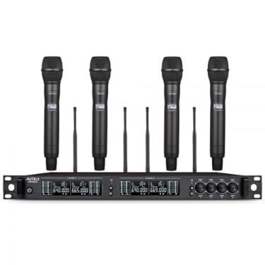 Imagem de AMW Sistema de Microfone sem Fio Profissional, 4 Canais UHF, 4 Microfones de Mão, Alcance 80m, Receptor Digital