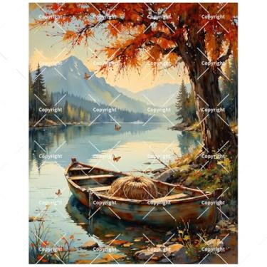 Imagem de Kit de pintura de barco a remo de outono por números para adultos – pintura DIY de canoa e folhas vermelhas no lago da montanha em tela 40 x 50 cm, conjunto de tinta acrílica, adequado para iniciantes