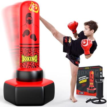 Imagem de ODOSOLA Saco de pancadas inflável de 167 cm independente para crianças de 3 a 12 anos – Conjunto de boxe resistente para karatê e taekwondo, bolsa de boxe estável, brinquedo infantil ativo, presente