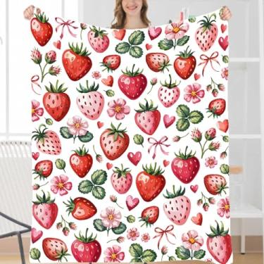 Imagem de Cobertor de morango, manta de morangos, presentes de frutas frescas para meninos, meninas e adultos, colcha de flanela leve de pelúcia para decoração de quarto, sofá, sala de estar, 101,6 cm x 127 cm