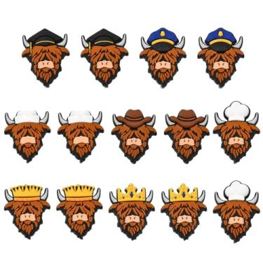 Imagem de UR URLIFEHALL 14 peças, 7 estilos de contas de silicone de vaca Highland para fazer chaveiros, lindos desenhos animados, gado, touro, contas de animais para canetas com contas, colar e artesanato