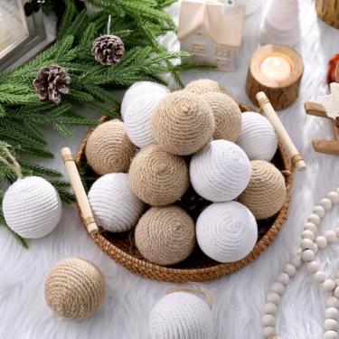 Imagem de Simgoing 16 bolas de Natal rústicas de 5,5 cm corda de juta neutra bolas penduradas para casa de fazenda, enfeites de árvore de Natal para mesa de Natal, tigelas de mesa para casa, vaso, enchimento de