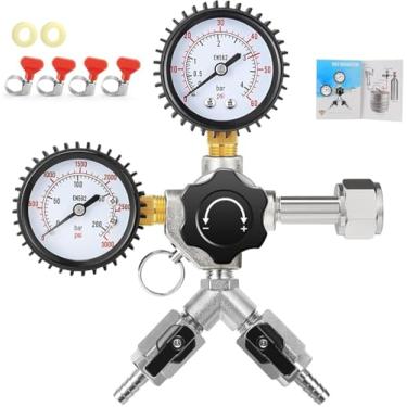 Imagem de Regulador de barril de CO2 de saída dupla CGA-320, regulador de cerveja com pressão de trabalho de 0-60 PSI e pressão de tanque de 0-3000 PSI, regulador de pressão de tanque de CO2 para fabricação