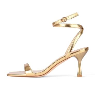 Imagem de Adrizzlein Salto gatinho para mulheres, salto com tiras, bico quadrado, bico aberto, cadarço e salto alto, tira no tornozelo, sapatos de festa, Dourado, 36