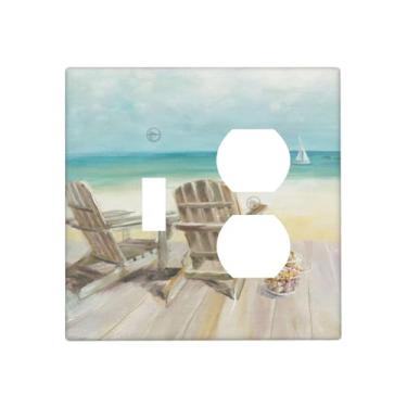 Imagem de Spshian Placa decorativa para interruptor de luz, cadeira de praia, paisagem marítima, azul oceano, moderno, litoral, 2 capas de tomada, 1 interruptor 1 placa de parede duplex decorativa, capas de