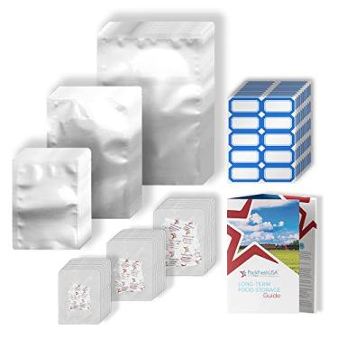 Imagem de 100 Pack - PackFreshUSA Mylar Bags and Oxygen Absorbers Box Set - 7 Mil PER SIDE - Variety Pack - Pint, Quart, Gallon Size - 100cc, 300cc, 500cc Oxygen Absorbers