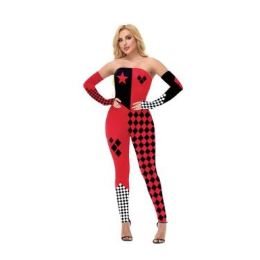 Imagem de Bemeiren Body de bobo da corte da corte do dia das bruxas para mulheres, roupa de palhaço, macacão de 2 peças com ombros de fora com manga removível, Diamante preto vermelho, G