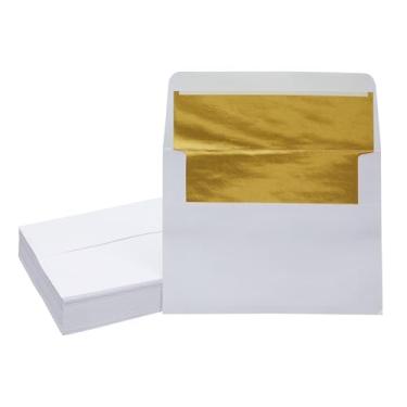 Imagem de Best Paper Greetings Pacote com 50 envelopes de convite com forro de alumínio branco A7 dourado, 12,7 x 17,78 cm