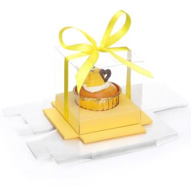 Imagem de EUSOAR Caixas transparentes para cupcake, embalagem com 12 recipientes individuais de plástico transparente de 8,5 cm com fita, suporte de presente para muffins de pastelaria, expositores de bolo