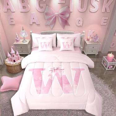 Imagem de Erosebridal Conjunto de edredom solteiro com laço rosa, 7 peças, com monograma, letra inicial W, presente de aniversário, decoração de quarto feminino exclusivo para mulheres e adolescentes (W)