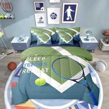 Imagem de Conjunto de edredom de tênis esportivo para decoração de quarto infantil, moderno, jogo de bola, tamanho casal, 7 peças, cama com estampa de raquete de tênis em uma bolsa com edredom, lençóis, fronhas