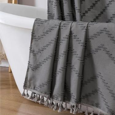 Imagem de OWENIE Cortina de chuveiro boho, cortina de chuveiro de tecido cinza, fazenda, tufada, chevron, listrada, texturizada, com borla, para banheiro, estilo moderno de hotel, minimalista, lavável na