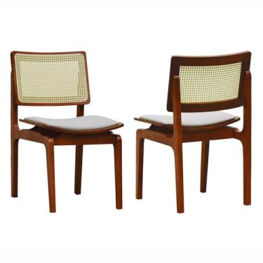 Imagem de Kit 2 Cadeiras Gus Madeira Maciça Encosto Telinha Assento Anatômico - Amêndoa - Estofado Linho Bege