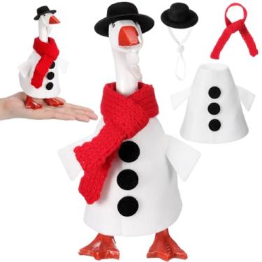 Imagem de Abbylike Mini roupa de ganso de mesa de inverno 17,8 cm estátua de ganso bobo magnético boneco de neve fantasia mini chapéu preto e cachecol roupas para inverno estátua magnética de pato mesa