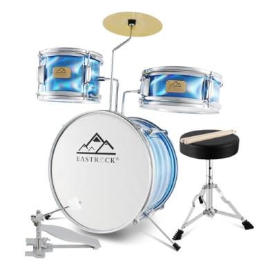 Imagem de EASTROCK Conjunto de bateria infantil, 3 peças de 35,5 cm para baterista, iniciante, bateria para crianças de 5 a 7 anos com trono ajustável, prato, pedal, baquetas (azul claro)